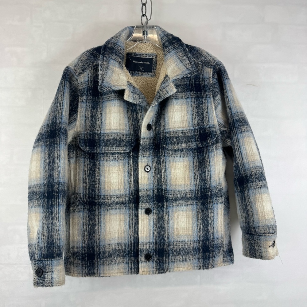 Abercrombie & Fitch Sherpa Lined Plaid Shirt Jacket‎ XS Relaxed Blue Cream